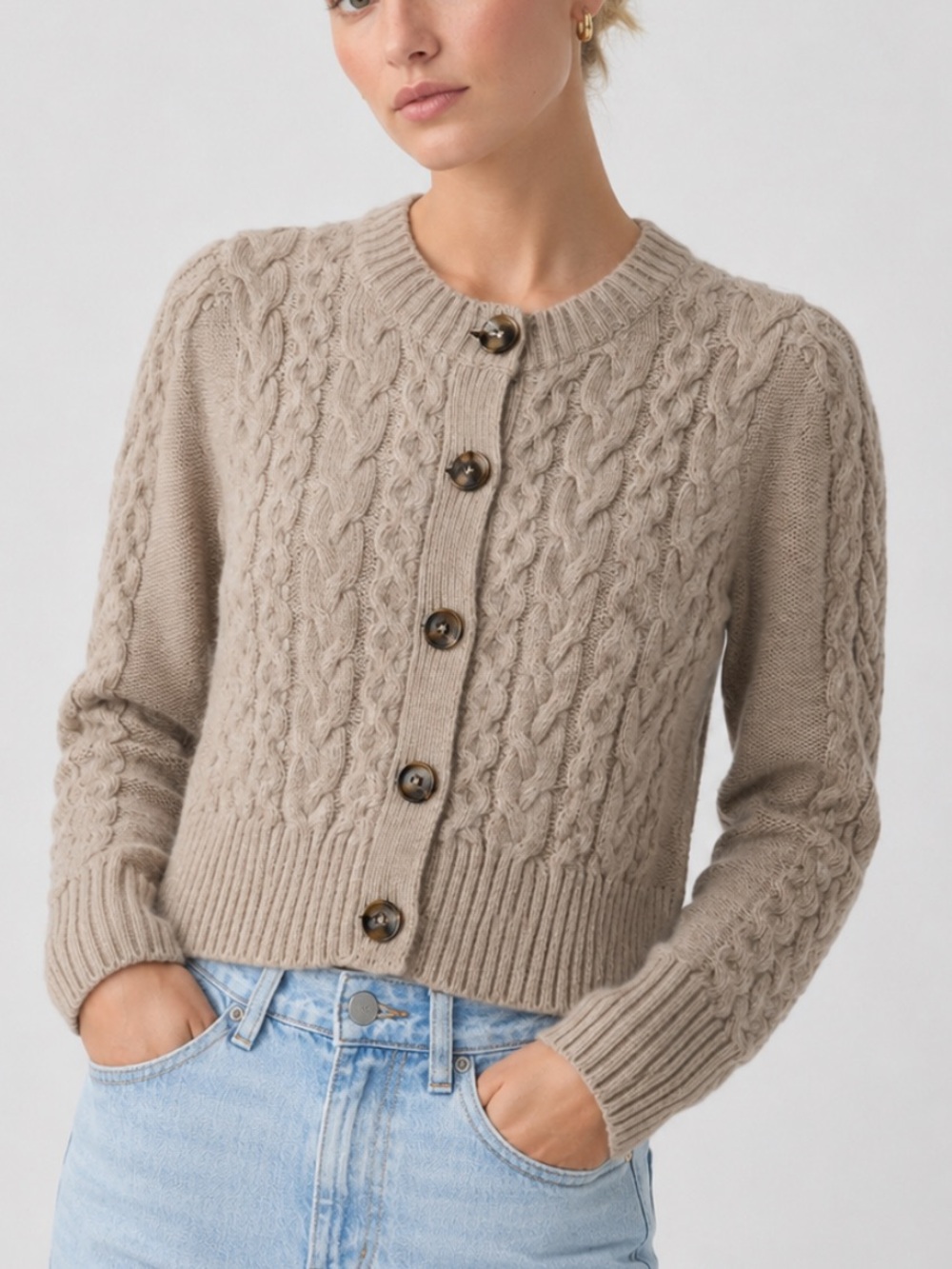 Maeve Anthropologie Cable Knit Crop Cardigan in Oatmeal